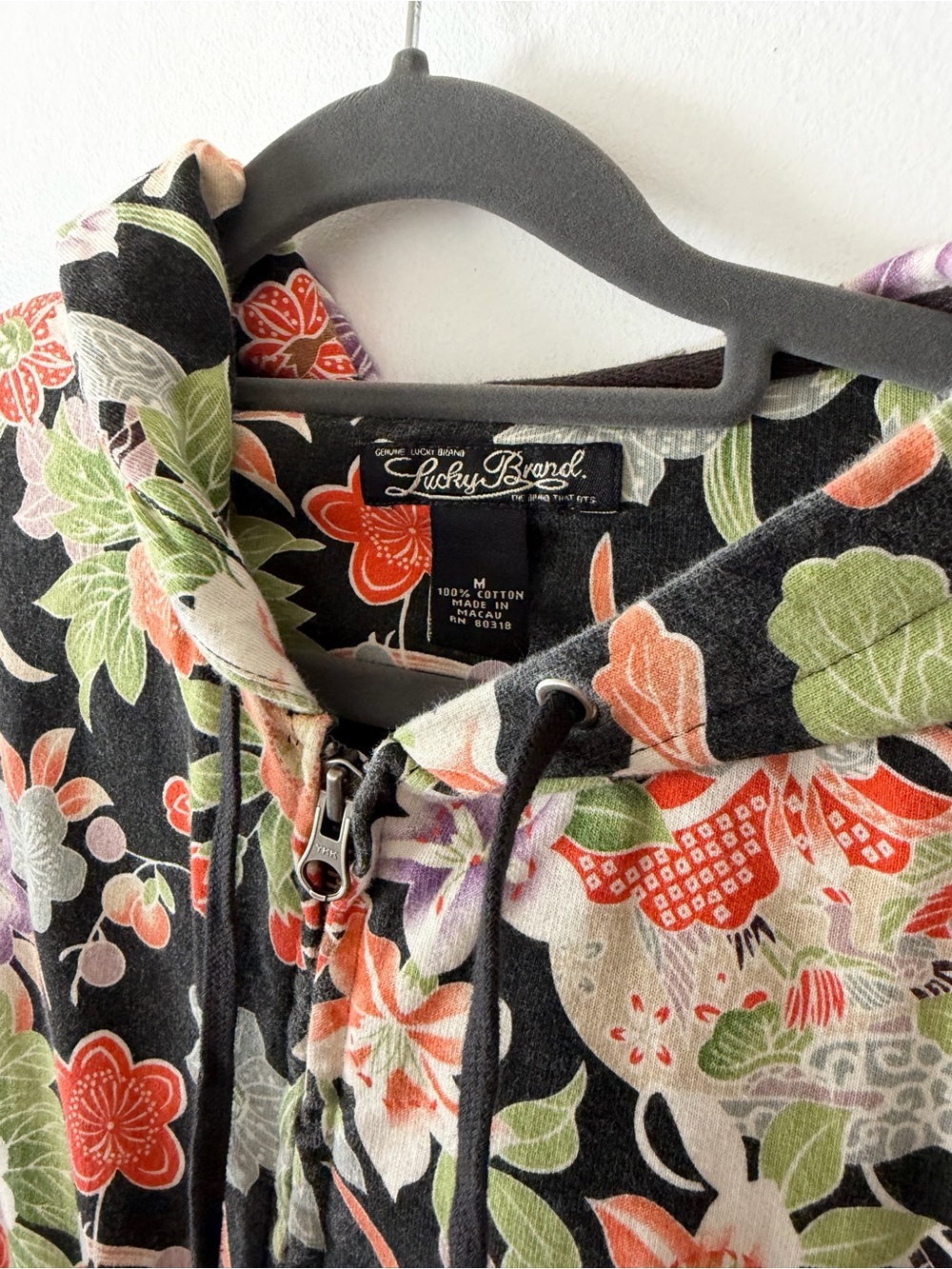 Lucky Brand Black Floral Zip Hoodie with Coral and Green Accents M - Picture 2 of 11